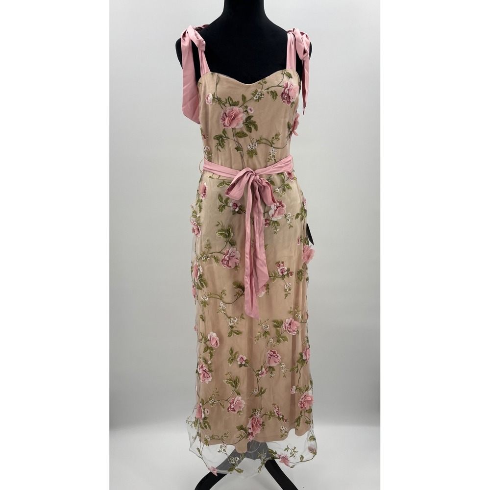 Lulus Authentic Sweetness Blush Pink Floral Applique Bow Tie Strap Midi Dress M - Picture 4 of 11